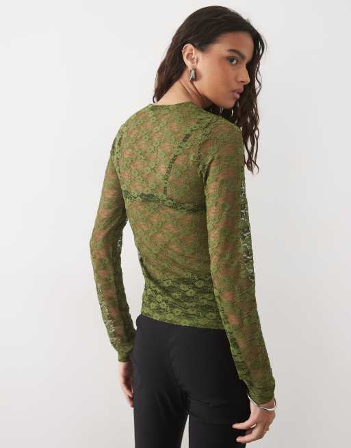 Vero Moda top testurizzato a maniche lunghe con girocollo a quadri verde, 3 di 4