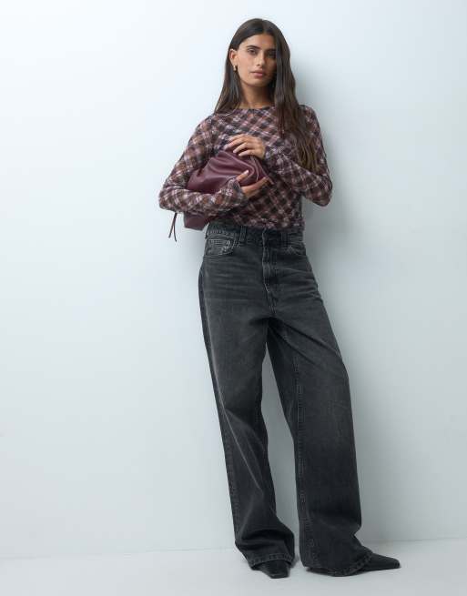 Vero Moda top texturizado de manga larga con cuello redondo y cuadro rosa, 4 de 4