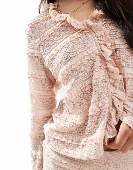 Vero Moda - Top van kant met lange mouwen en ruches in lichtroze, deel van co-ord set, 2 van 4