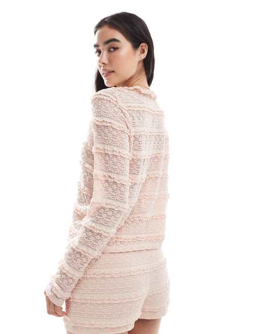 Vero Moda - Top van kant met lange mouwen en ruches in lichtroze, deel van co-ord set, 4 van 4