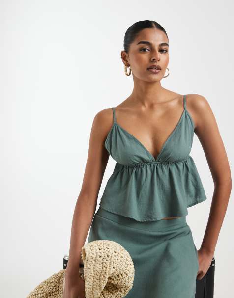 Vero Moda - Top van linnenmix met camibandjes in groen, deel van co-ord set - view 1