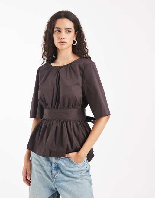 Vero Moda - Top van popeline met lage rug met strik in chocoladebruin, 2 van 4