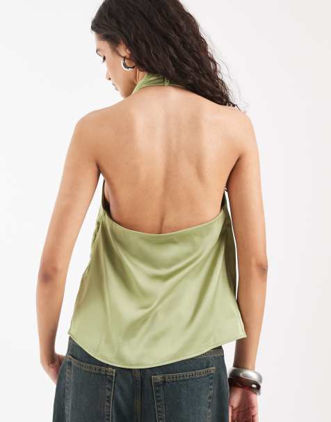 Vero Moda - Top verde salvia con cuello halter de satén - view 1