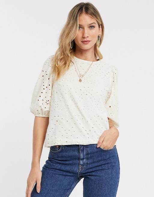 Vero Moda top with puff sleeves in cream broderie