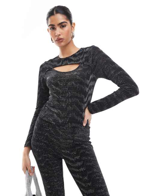 Vero Moda – Top z długim rękawem i wycięciem w czarnym i brokatowym srebrnym kolorze, część zestawu