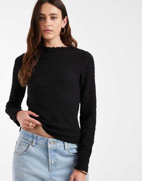 Vero Moda top z długim rękawem o fakturze z falowanym wykończeniem w czerni - view 1