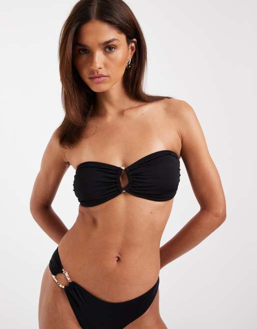 Vero Moda – Trägerloses Bikinioberteil und brasilianische Bikinihose in Schwarz mit Metalldetail in geschmolzener Gold-Optik, 2 von 3