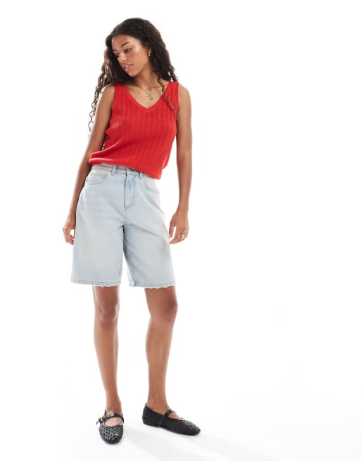 Vero Moda – Trägertop aus Pointelle-Strick in Feuerrot mit Lochmuster und Muschelsaum, 3 von 4