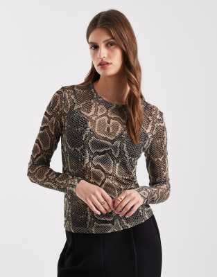 Vero Moda - Transparentes, langärmliges Netzstoff-Oberteil mit Schlangenmuster-Neutral