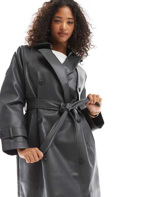 Vero Moda - Trench taglio lungo in pelle sintetica grigio asfalto, 4 di 4