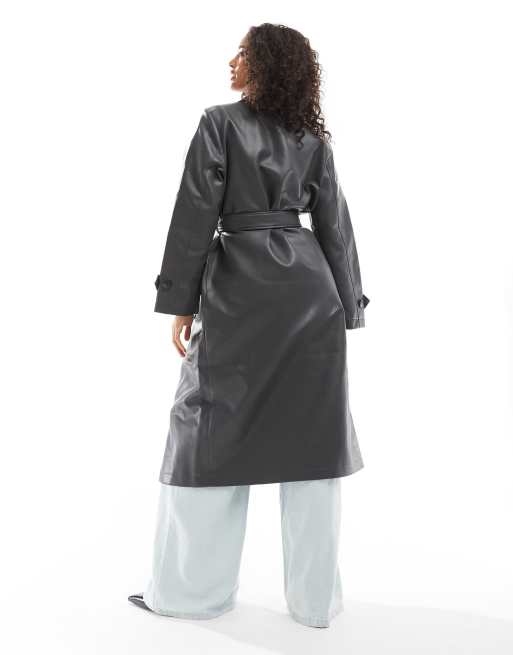 Vero Moda - Trenchcoat met imitatieleer met lange pasvorm in asfaltgrijs, 3 van 4