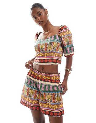 Vero Moda Vero Moda tropical summer printed puff sleeve crop top co-ord in multicolour