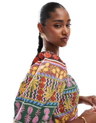 Vero Moda Tropical Summer Printed Puff Sleeve Crop Top In Multi