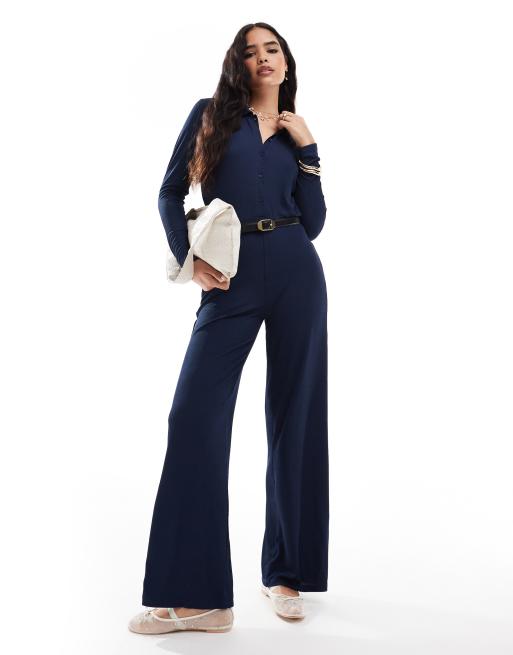 Vero Moda - Tuta jumpsuit blu medio in jersey con colletto e bottoni sul davanti
