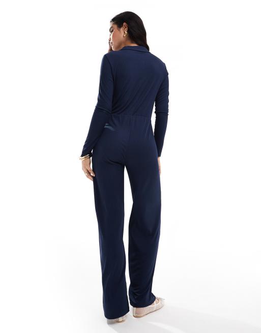 Vero Moda - Tuta jumpsuit blu medio in jersey con colletto e bottoni sul davanti, 3 di 4