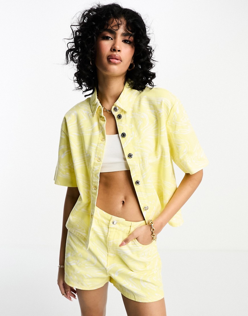 Vero Moda twill oversized shirt in yellow swirl print