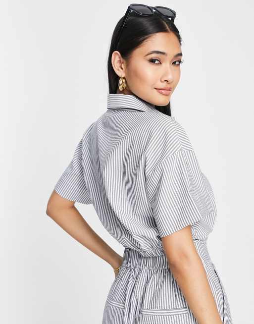 Vero Moda twist front cropped shirt in grey & white stripe (part of a set), 2 of 4
