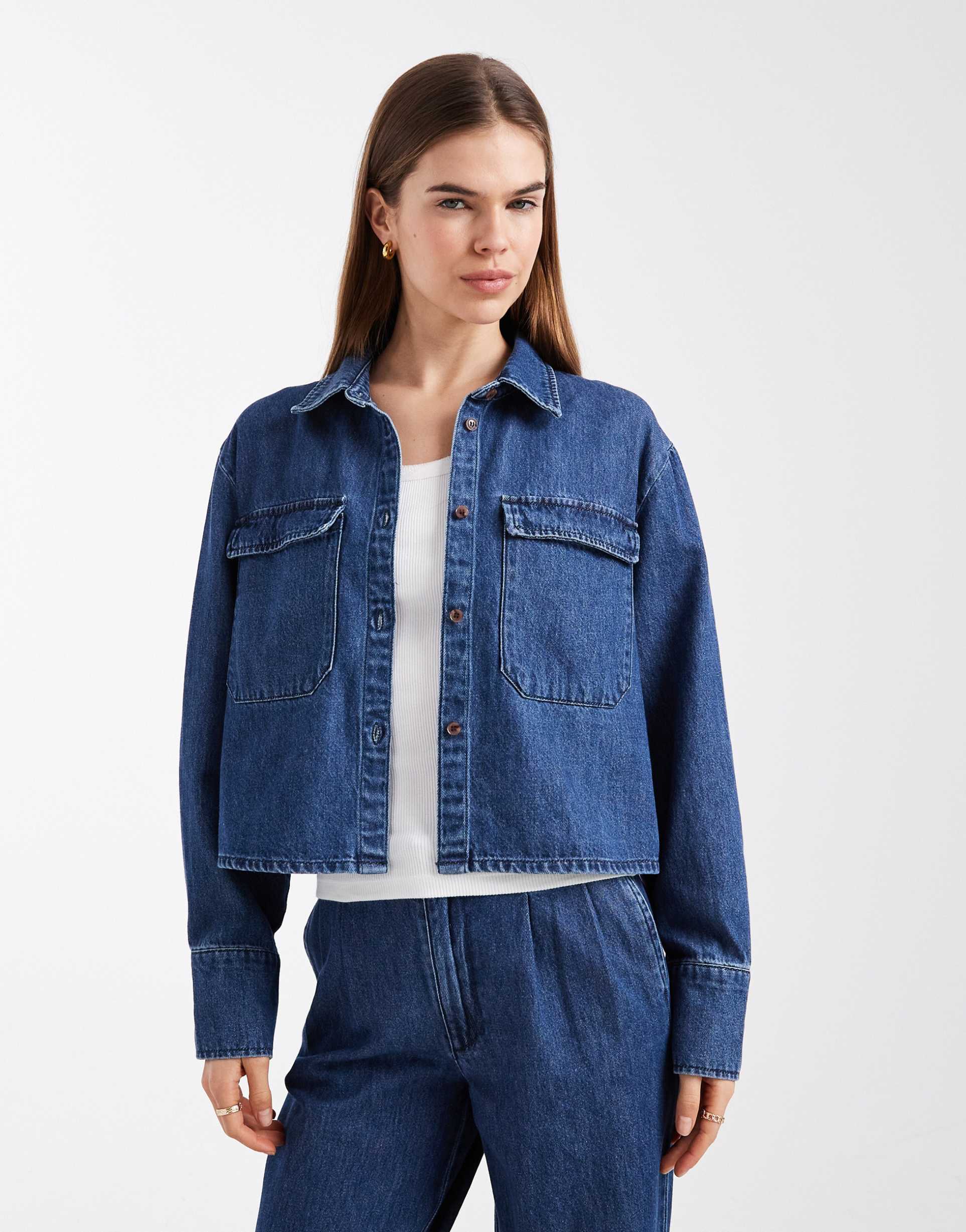 vero moda utility pocket denim shirt in medium blue denim - part of a set