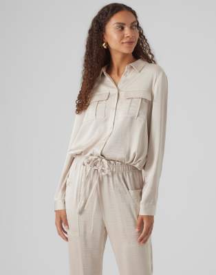 Vero Moda utility shirt co-ord in liquid satin stone | ASOS