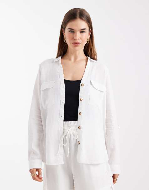 Vero Moda utility style pocketed front linen blend shirt in white - view 1