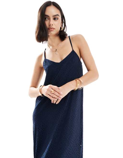vero moda navy blue dress Vero Moda v neck eyelet jersey maxi dress in navy