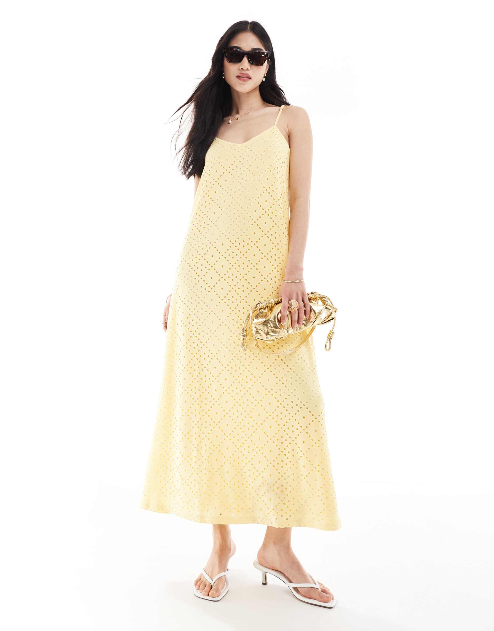 vero moda v neck eyelet jersey maxi dress in yellow