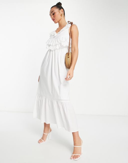 Frill V-neck Maxi dress, White