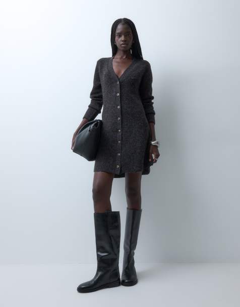 Vero Moda v-neck knitted button up mini dress in chocolate brown - view 1