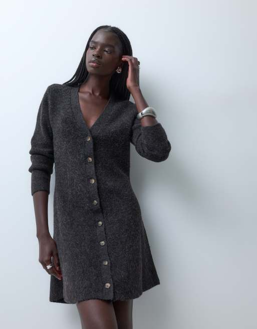 Vero Moda v-neck knitted button up mini dress in chocolate brown, 2 of 4