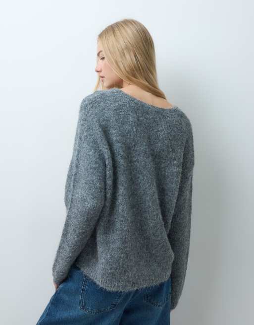 Vero Moda v-neck knitted jumper with lace detail in grey, 4 of 4