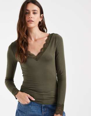 Vero Moda V-neck Long Sleeve T-shirt With Lace Trim In Green