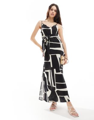 v neck maxi dress with tie waist in abstract mono print-Black