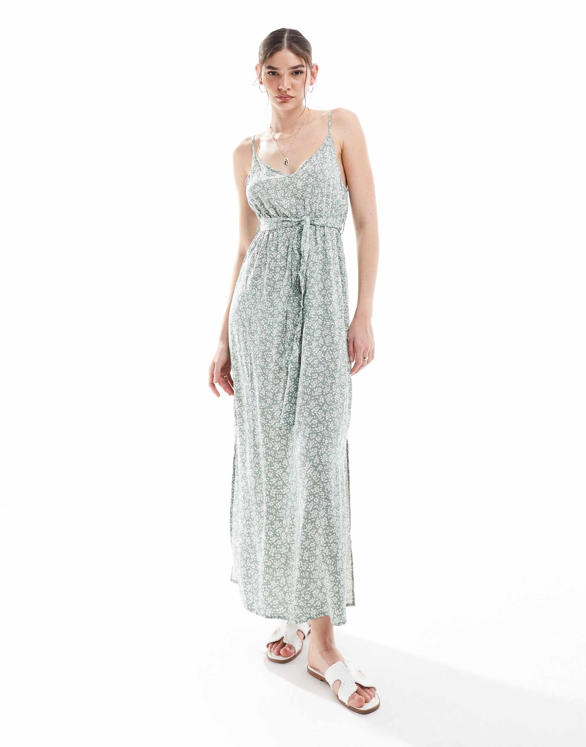 vero moda v neck maxi dress with tie waist in sage green floral