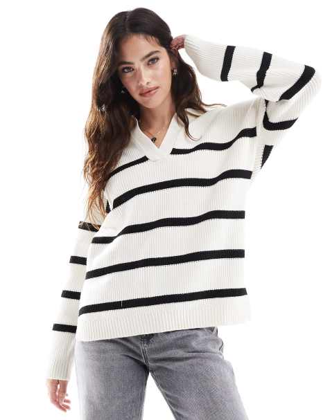 Vero Moda v neck oversized jumper in cream stripe - view 1