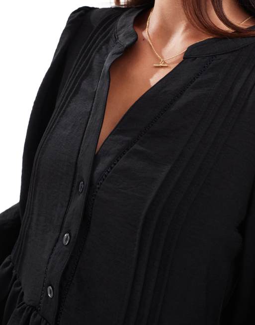 Vero Moda v-neck smock mini dress with puff sleeves in black