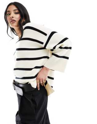 v neck super soft sweater in mono stripe-White