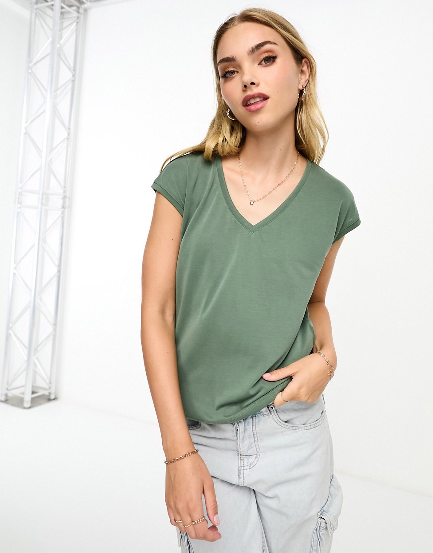 Vero Moda V Neck T-shirt In Khaki-green