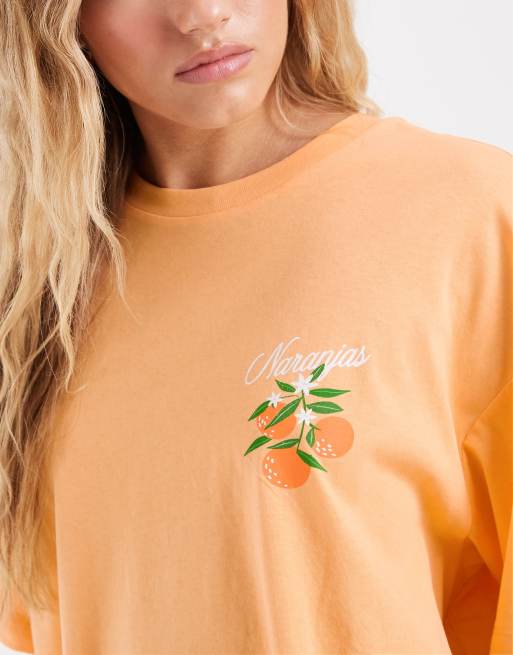 Vero Moda - Valencia - T-shirt oversize color pesca con stampa grafica di arance, 3 di 4