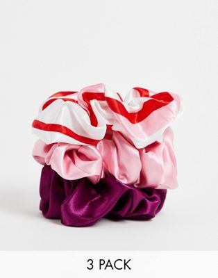 Vero Moda matching 3 pack satin hair scrunchies in pink stripe, burgundy & pink