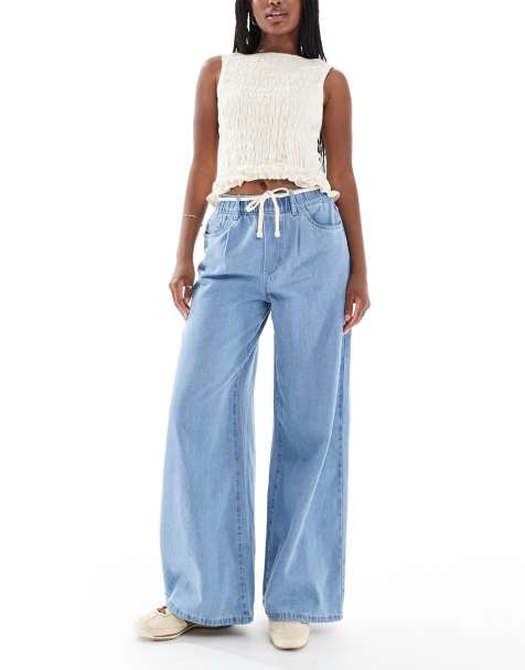 Vero Moda Valeria wide leg dad jeans with rope tie waist in light blue wash - view 1