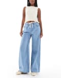 [Vero Moda] Vero Moda Valeria wide leg dad jeans with rope tie waist in light blue wash W30 Light Blue Denim