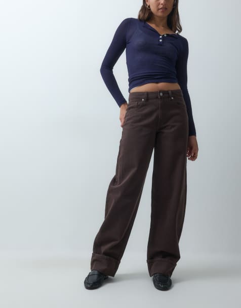 Vero Moda vaqueros barrel de talle medio con bajo vuelto en denim marrón chocolate - view 1