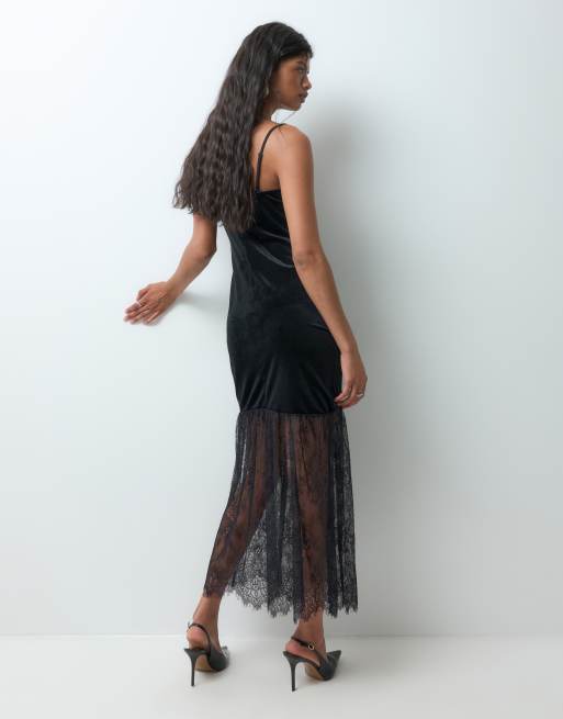 Vero Moda velvet midi dress with lace skirt in black, 5 of 5