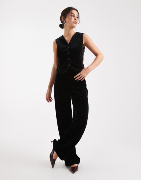 Vero Moda velvet vest and wide leg pants set in black - view 1