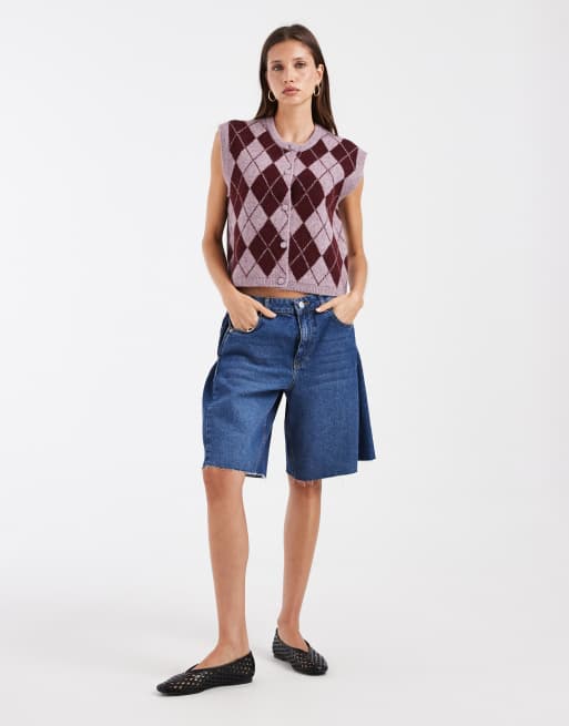 Vero Moda verkürzte Strickweste mit rosa und burgunderrotem Argyle-Karomuster, 2 von 4