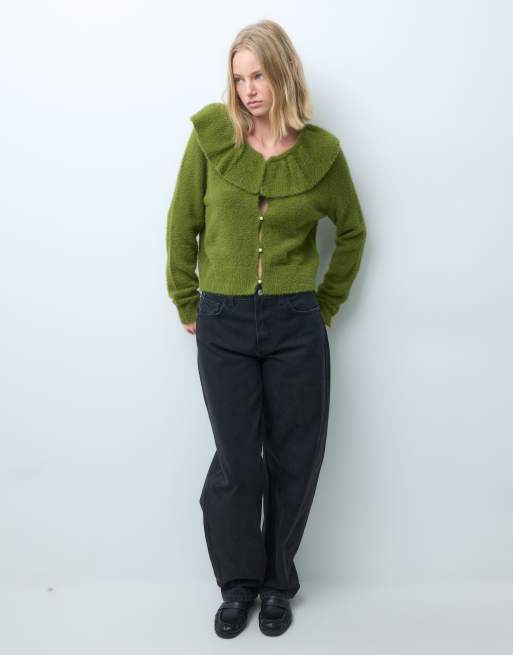 Vero Moda vest met ruche en zachte fluffy breistructuur in mosgroen, 2 van 4