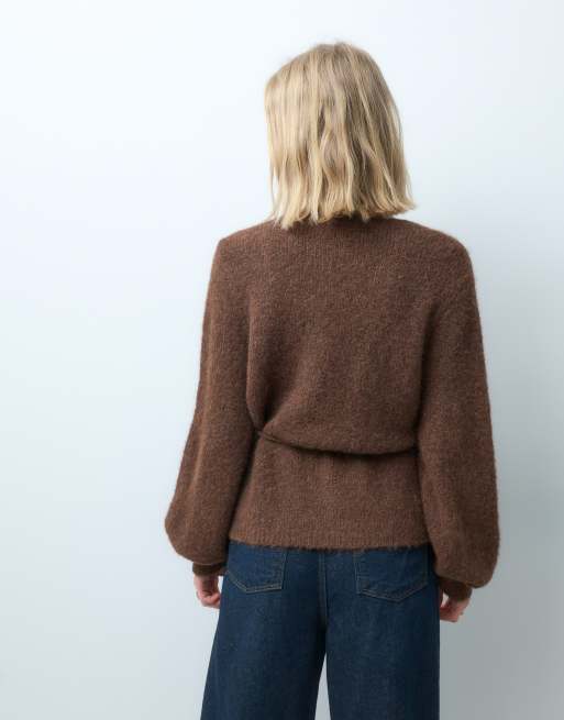 Vero Moda vest van fluffy breisel met strikceintuur in chocoladebruin, 4 van 4
