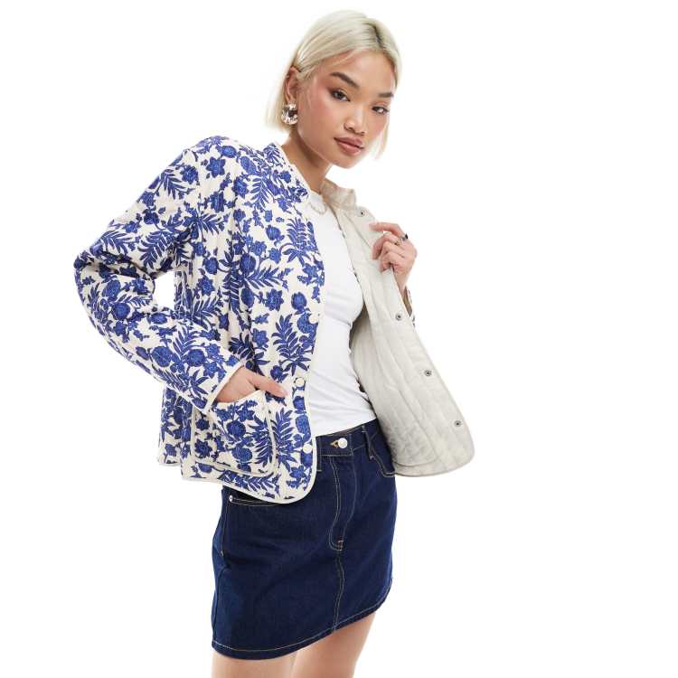 Veste Matelassée Free People Femme XS – Fleurie, Cachemire Bleu/blanc, Fermeture éclair