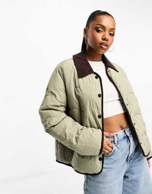 Vero Moda quilted jacket with cord collar and detail in stone - ASOS Price Checker