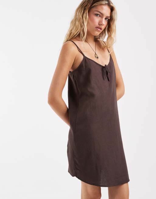 Vero Moda - Vestido corto marrón chocolate de tirantes con lazada delantera, 2 de 4